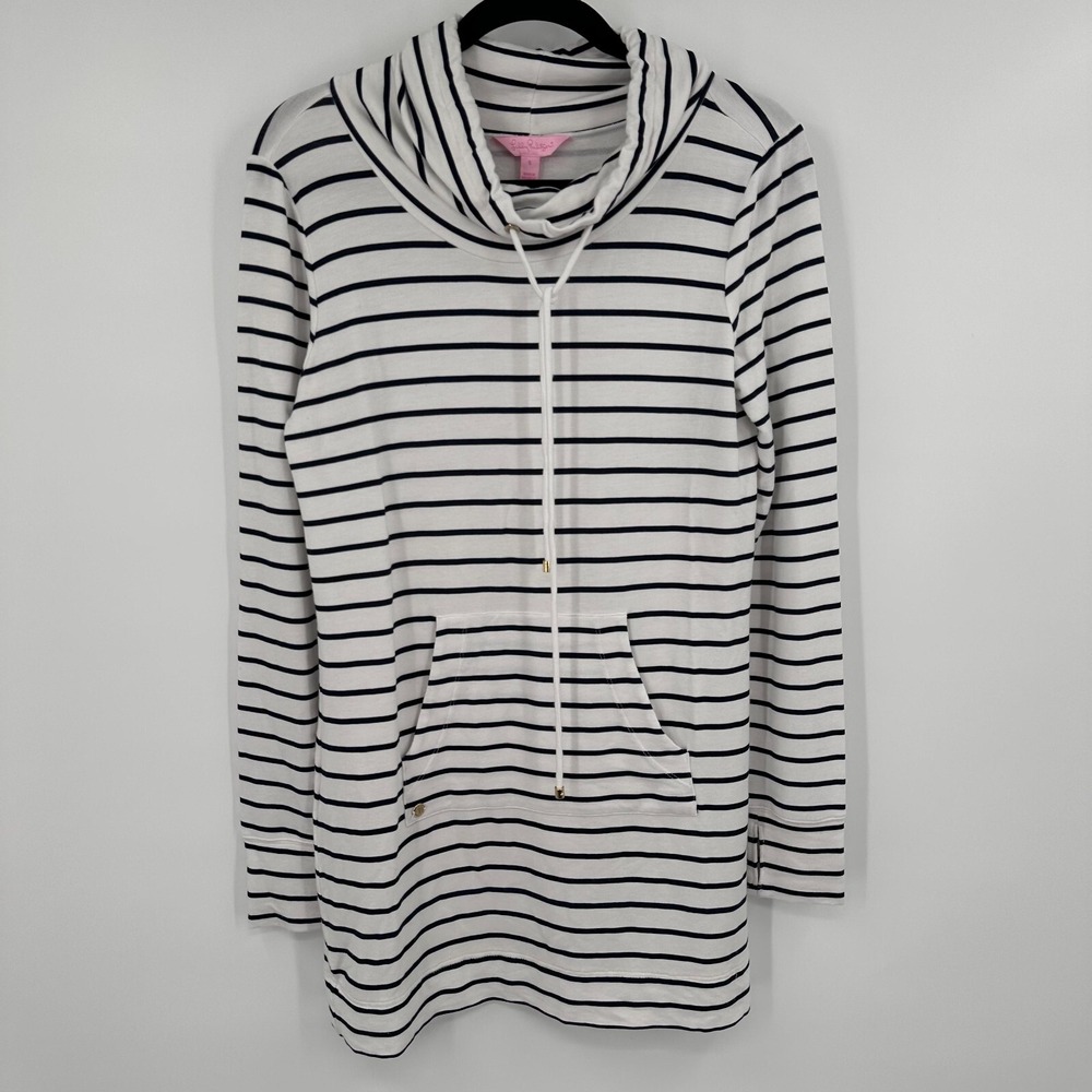 Lilly Pulitzer Hillary Popover Dress Women Sm White Blue Striped Pockets Stretch